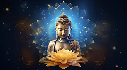 Foto op Plexiglas glowing golden buddha sitting on a big lotus, decorated with flowers © Kien