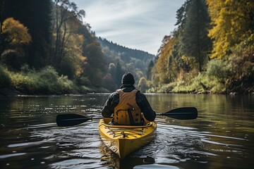 Man paddling in river, relaxing environment.
