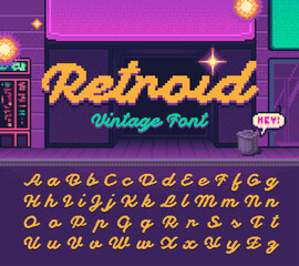 Vintage font "Retroid" made in style of old-school pixel arcade game.