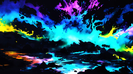 Fototapeta na wymiar わずかに発光している虹色のインクのしぶき、スプラッシュ、絵の具、飛び散る、黒背景