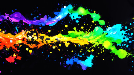 わずかに発光している虹色のインクのしぶき、スプラッシュ、絵の具、飛び散る、黒背景