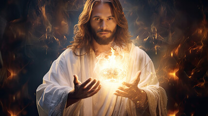 Jesus is holding his glowing heart - obrazy, fototapety, plakaty