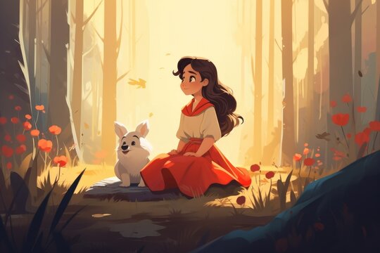 Illustration of young princess in the fairytale forest scene, Generative AI