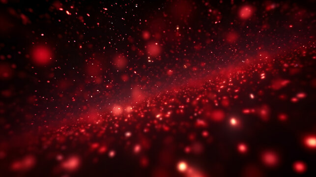 Abstract background of flying red particles on black background. Neural network generated image. Not based on any actual pattern or scene.