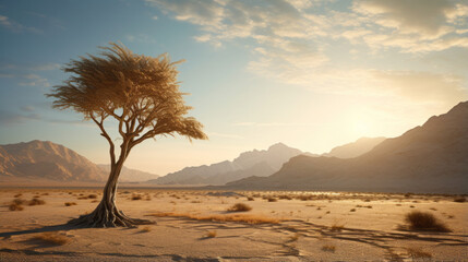 A sun-baked desert vista with a single, lonely palm tree in the foreground