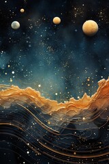 Fond cosmique abstrait avec feuille métallique dorée et incrustation de textures marbrées. Géométrie sacrée avec motif céleste, étoiles et planètes. IA générative, IA