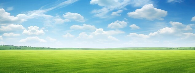 Fototapeta na wymiar Green grass field agains the blue cloud sky, Generative AI