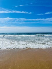 Blue sea horizon, ocean bay, blue sky, sandy coast