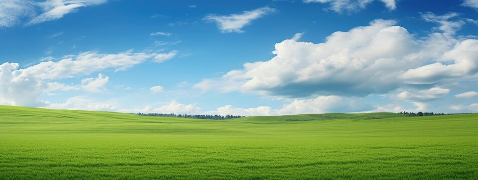 Green grass field agains the blue cloud sky, Generative AI