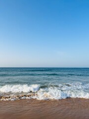 Blue sea horizon, ocean bay, blue sky, sandy coast