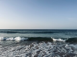 Blue sea horizon, ocean bay, blue sky, sandy coast