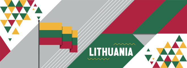  Lithuania national or independence day banner design for country celebration. Flag of Lithuania with modern retro design and abstract geometric icons. Vector illustration.