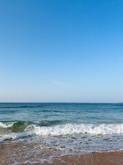 Blue sea horizon, ocean bay, blue sky, sandy coast