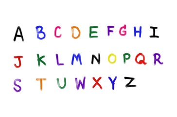 Colorful handwritten font in English capital letter, uppercase alphabet A-Z on white background. Concept, education. Teaching aids. Language learning. Start with abc... to build words or vocabulary. 