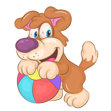 Cartoon Dog and Ball. Clipart. Cute illustration of a cartoon dog playing with a ball. Unique design, Children's mascot.