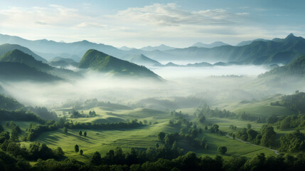 A stunning view of a lush, green valley blanketed with fog, with a few rolling hills in the distance - obrazy, fototapety, plakaty