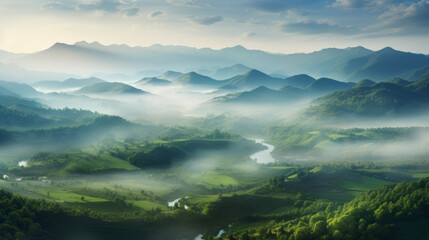 A stunning view of a lush, green valley blanketed with fog, with a few rolling hills in the distance