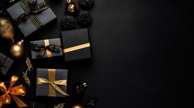 Free real photo modern black Friday sale with black background and golden gift boxes