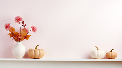 Obraz na płótnie Canvas Autumn style background banner with copy space, white background with table with pumpkins leaves and flowers