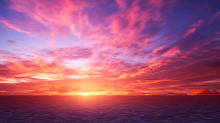 A stunning sunset, with the sky aflame in a spectrum of pinks, oranges, and purples The sun slowly dips below the horizon, casting a golden light over the landscape