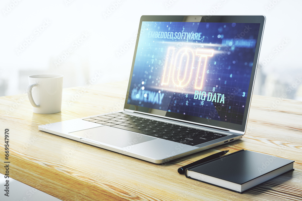 Poster creative iot illustration on modern computer monitor, future technology concept. 3d rendering