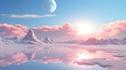 Zelfklevend Fotobehang Fantasy pink landscape planet with snowy mountains and sunset. 3D illustration. © wing