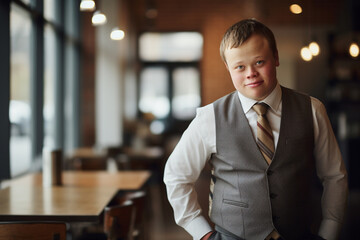 Business communication, a young entrepreneur with Down syndrome in a cafe