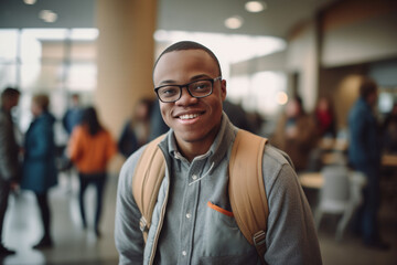 Obraz premium Special needs student with Down syndrome, an African American teenager in an inclusive classroom
