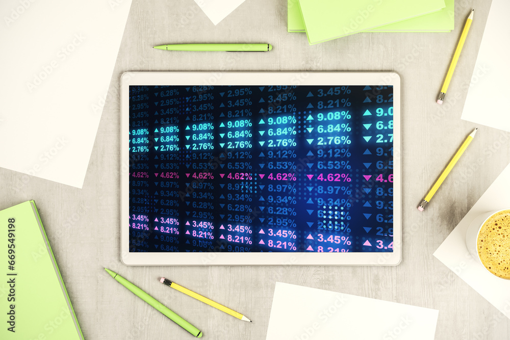 Fototapete Modern digital tablet monitor with abstract creative statistics data hologram, statistics and analytics concept. Top view. 3D Rendering