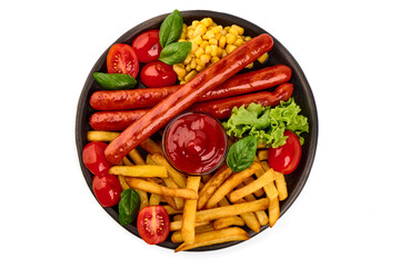 Roasted sausages with french fries, close-up, isolated on white background.