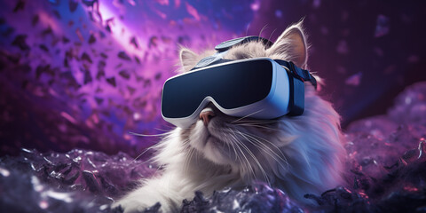 White tiny cute cat in virtual reality glasses with glowing eyes on neon space background