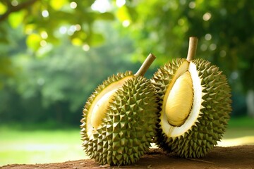 Exotic durian fruit presented in natural setting with focus on texture. Ideal for tropical fruit articles. - obrazy, fototapety, plakaty