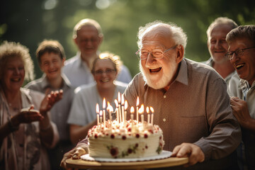 A senior is happily enjoying birthday with friends