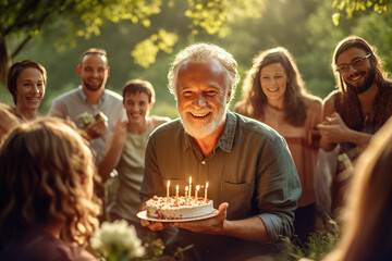 A senior is happily enjoying birthday with friends