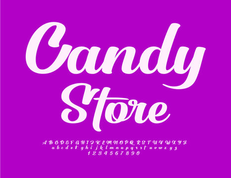 Vector stylish poster Candy Store. Beautiful Cursive Alphabet Letters and Numbers set. Trendy Calligraphic Font