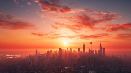 Naklejka premium A sprawling city skyline is seen in the distance, with buildings of various sizes and shapes rising high in the sky The sun is setting, casting a warm orange-pink hue over the cityscape