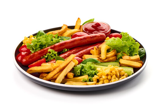 Roasted sausages with french fries, close-up, isolated on white background.
