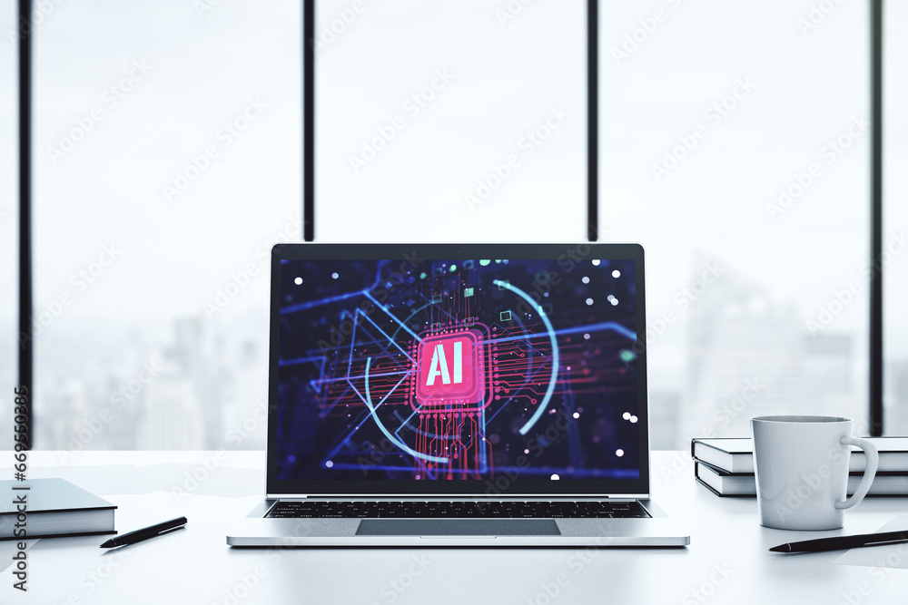 Poster Computer monitor with creative artificial Intelligence abbreviation. Future technology and AI concept. 3D Rendering
