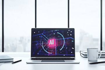 Computer monitor with creative artificial Intelligence abbreviation. Future technology and AI concept. 3D Rendering - obrazy, fototapety, plakaty