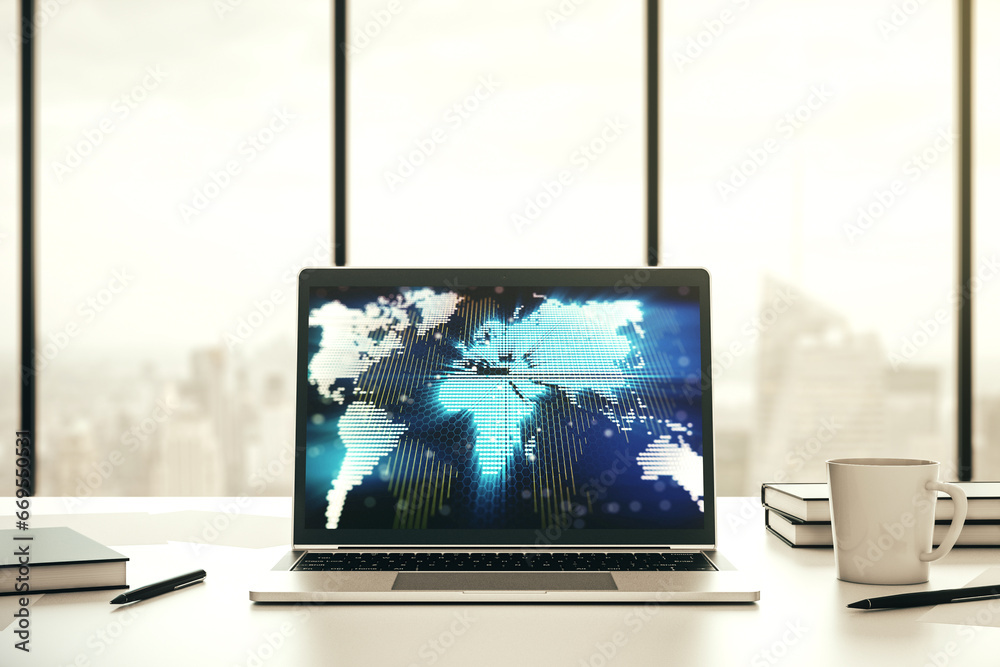 Poster computer monitor with abstract creative digital world map, globalization concept. 3d rendering