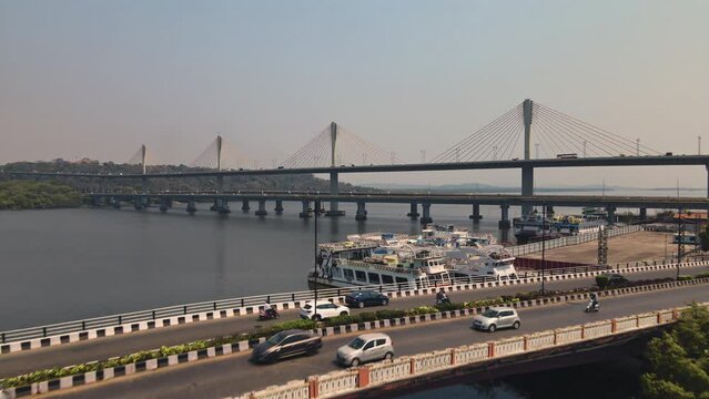 Aerial view of the Bridge over Mandovi river in Panjim Goa, Locally known as Atal Setu, is one of the largest cable-stayed bridges. Famous tourist destination, Goa, India. Developing India concept.