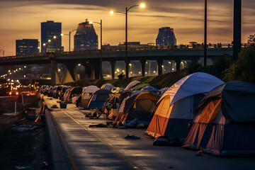 Poor and helpless homeless people sleeping in tent camps in busy city street  - obrazy, fototapety, plakaty