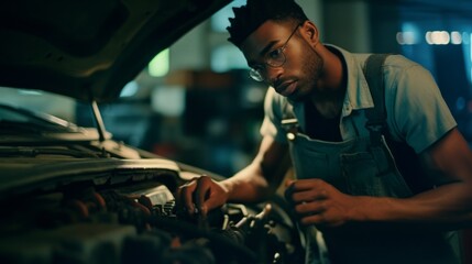 Skilled auto mechanic conducting thorough engine inspection and repair - obrazy, fototapety, plakaty