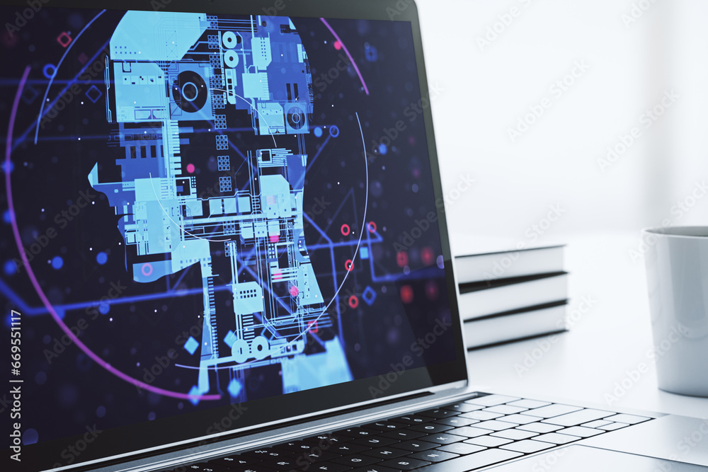 Poster Modern computer monitor with creative artificial Intelligence symbol. Neural networks and machine learning concept. 3D Rendering