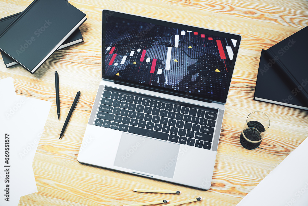Aufkleber modern computer display with abstract financial graph with world map, financial and trading concept.