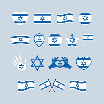 Israel flag icon set vector isolated on a gray background. Israeli Flag graphic design element. Flag of Israel symbols collection. Set of Israel flag icons in flat style