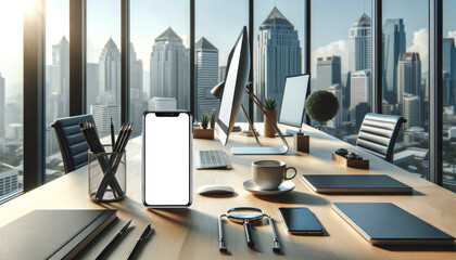 A smartphone on a desk with a computer and office supplies. Smartphone with a blank screen. Insert your own screen image. App mockup. Advertising. Productivity or business app concept. - obrazy, fototapety, plakaty