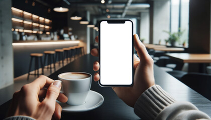 A smartphone with a blank screen and a cup of coffee in a cafe. Insert your own screen image. App mockup. Advertising. Lifestyle and relaxing. - obrazy, fototapety, plakaty