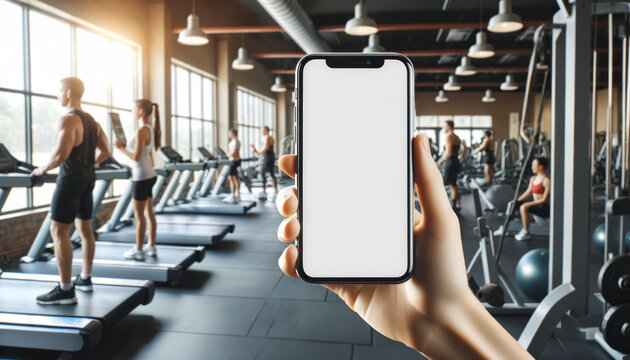 A smartphone with a blank screen in a gym. Insert your own screen image. App mockup. Advertising. Health and fitness concept. Gym life. Fitness app.