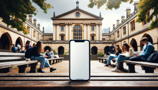 A smartphone with a blank screen on a bench at a university or school. Insert your own screen image. App mockup. Advertising. Education or learning concept. Forgotten iphone, left on a bench.